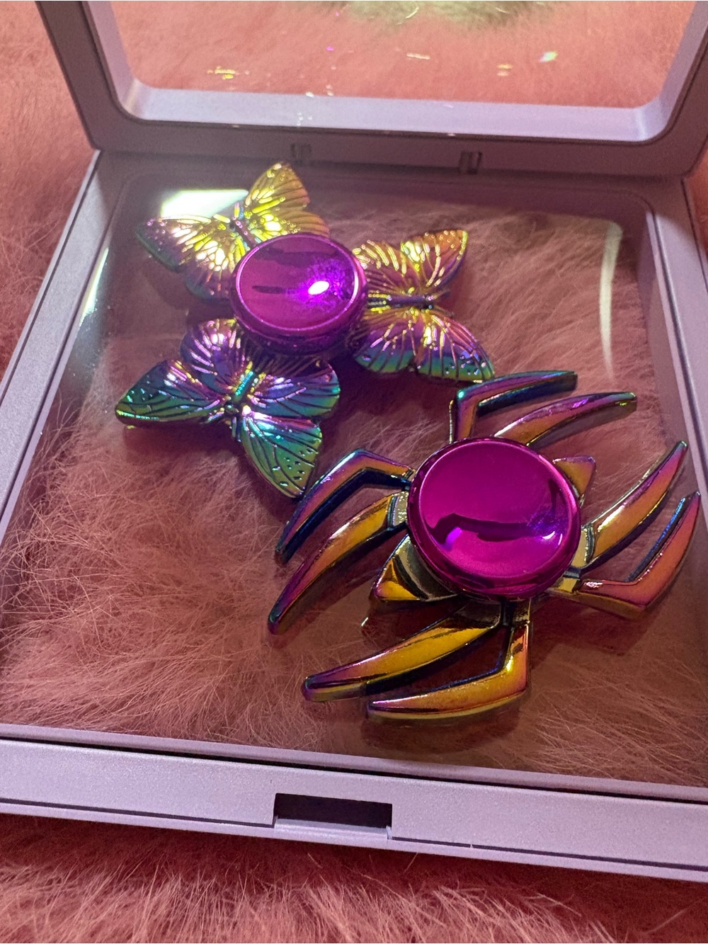 Iridescent Rainbow Butterfly & Spider Fidget Spinners - Pink Center